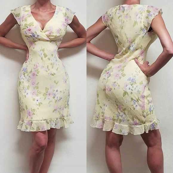 Vintage Dresses & Skirts - Vintage City Triangles Yellow Pink Floral Ruffle Flutter Sleeve Chiffon Dress M